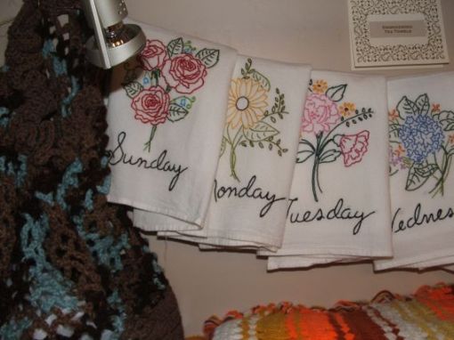 crocheted tote bag, part of the embroidered towels and a little bit of the hairpin lace afghan